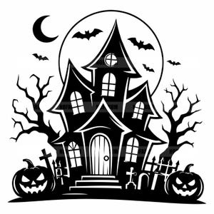 May include: A black and white graphic illustration of a haunted house with a large full moon, a crescent moon, and flying bats. Bare trees, a picket fence, tombstones, and two carved jack-o'-lanterns with jagged smiles are positioned in the foreground.
