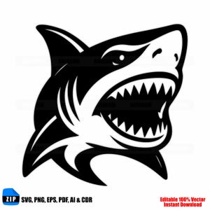 May include: A black and white graphic of a shark with an open mouth, revealing sharp teeth. The shark is facing forward, with its dorsal fin and tail visible. The image includes the text "SVG, PNG, EPS, PDF, AI & CDR" and "Editable 100% Vector Instant Download."