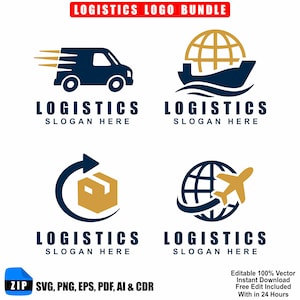 Puede incluir: Un conjunto de diseños de logotipos de logística en azul marino, dorado y beige. Los logotipos presentan un camión de reparto, un barco con un globo terráqueo, una caja con una flecha y un globo terráqueo con un avión. El texto incluye "LOGISTICS" y "SLOGAN HERE".