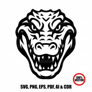 May include: A black and white vector illustration of an alligator's head with an open mouth, revealing sharp teeth. The image includes the text "SVG, PNG, EPS, PDF, AI & CDR" and a "100% VECTOR" badge.