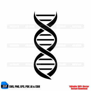 May include: A black and white graphic of a DNA double helix. The design includes horizontal lines and curved shapes, with the text "ZIP SVG, PNG, EPS, PDF, AI & CDR" and "Editable 100% Vector Instant Download".
