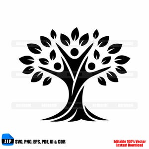 Può includere: Grafica in bianco e nero di un albero con tre figure incorporate nel tronco, con le braccia alzate verso le foglie. Le foglie sono stilizzate. L'immagine include il testo "SVG, PNG, EPS, PDF, AI & CDR" e "Editable 100% Vector Instant Download."