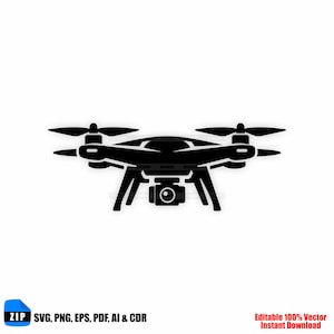 Könnte beinhalten: Schwarze Drohnenillustration mit vier Propellern und einer Kamera. Das Bild enthält den Text "ZIP SVG, PNG, EPS, PDF, AI & CDR" und "Editable 100% Vector Instant Download".