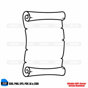 May include: Black and white illustration of a scroll with rolled edges. The image includes the text "ZIP SVG, PNG, EPS, PDF, AI & CDR" and "Editable 100% Vector Instant Download".
