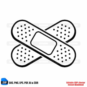 Puede incluir: Ilustración en blanco y negro de dos vendas adhesivas superpuestas. Cada venda tiene forma ovalada con pequeños puntos espaciados uniformemente. La imagen incluye el texto "SVG, PNG, EPS, PDF, AI & CDR" y "Editable 100% Vector Instant Download."
