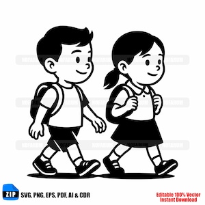 May include: Black and white illustration of two children walking side by side, each with a backpack. The boy wears shorts and a t-shirt, while the girl wears a skirt and collared shirt. The image includes the text "SVG, PNG, EPS, PDF, AI & CDR" and "Editable 100% Vector Instant Download."