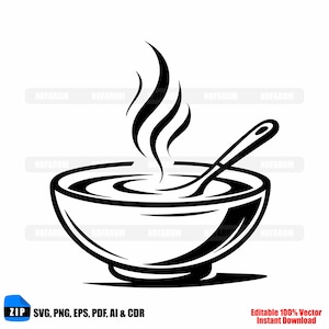 May include: Black and white illustration of a bowl of soup with steam rising from it, and a spoon resting inside. The bowl is round with a wide rim. The image includes the text "SVG, PNG, EPS, PDF, AI & CDR" and "Editable 100% Vector Instant Download."