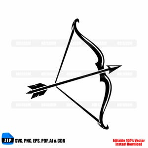 May include: A black and white vector illustration of a bow and arrow. The bow is curved with a pointed tip, and the arrow is positioned across the bow. The image includes text indicating file formats and "Editable 100% Vector Instant Download."