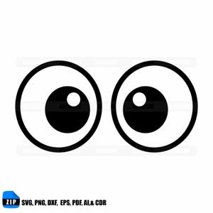 Può includere: Un paio di occhi in stile cartone animato, ciascuno con una pupilla nera e un'iride bianca, su sfondo bianco. Gli occhi sono delineati in nero. L'immagine include anche il testo "SVG, PNG, DXF, EPS, PDF, AI, & CDR".