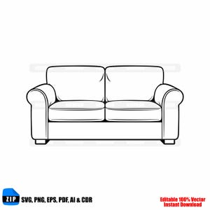 May include: Black and white vector illustration of a two-seater sofa. The sofa has a rectangular base, two seat cushions, and two back cushions. The arms are rounded. The image includes the text "ZIP SVG, PNG, EPS, PDF, AI & CDR" and "Editable 100% Vector Instant Download."