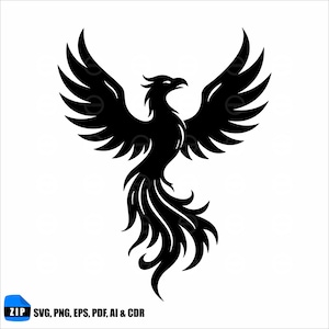 May include: A black silhouette of a phoenix with outstretched wings and a flowing tail. The bird is depicted in a dynamic pose, with its wings spread wide. The image includes the text "ZIP SVG, PNG, EPS, PDF, AI & CDR".
