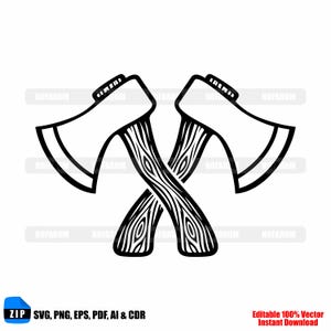 May include: Black and white illustration of two crossed axes. The axe heads are white with black outlines, and the handles feature a wood grain texture. The image includes text indicating file formats and "Editable 100% Vector Instant Download."