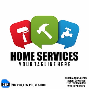 Puede incluir: Un logotipo de servicios para el hogar con un rodillo de pintura, un martillo y un grifo dentro de burbujas de diálogo de colores. El texto dice "HOME SERVICES" y "YOUR TAGLINE HERE". Incluye iconos de tipo de archivo.