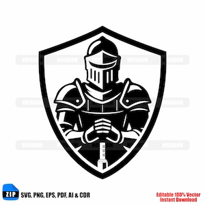 May include: Black and white illustration of a knight in full armor, holding a sword, within a shield shape. The knight's helmet and armor details are clearly defined. The image includes text: "SVG, PNG, EPS, PDF, AI & CDR" and "Editable 100% Vector Instant Download."