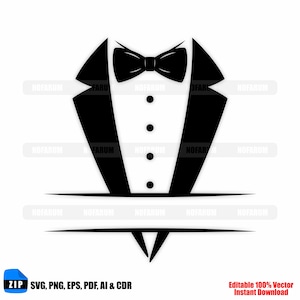 Könnte beinhalten: Schwarz-weiße Smoking-Grafik mit Fliege, Knöpfen und geteiltem Bodendesign. Das Bild enthält den Text "ZIP SVG, PNG, EPS, PDF, AI & CDR" und "Editable 100% Vector Instant Download".