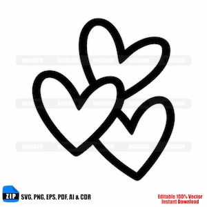 Könnte beinhalten: Schwarze Umrisse von drei sich überlappenden Herzen auf weißem Hintergrund. Das Bild enthält den Text "ZIP SVG, PNG, EPS, PDF, AI & CDR" und "Editable 100% Vector Instant Download".