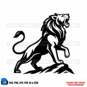May include: Black and white vector illustration of a roaring lion standing on a rock. The lion has a detailed mane and is in a dynamic pose. The image includes text: SVG, PNG, EPS, PDF, AI & CDR and Editable 100% Vector Instant Download.