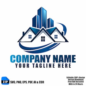 May include: A blue and white logo design with three houses and a cityscape in the background. The text "COMPANY NAME" and "YOUR TAGLINE HERE" are displayed below the houses. The logo also includes file type icons and text that says "Editable 100% Vector".