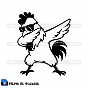 Puede incluir: Gráfico en blanco y negro de un gallo haciendo dab, con gafas de sol. El gallo tiene el ala levantada y está en pose de dab. La imagen incluye el texto "ZIP SVG, PNG, EPS, PDF, AI & CDR".