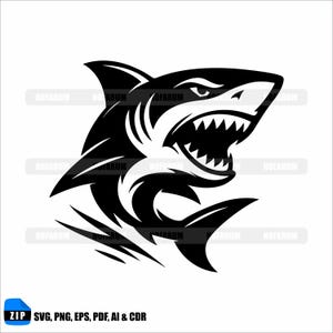 May include: Black and white shark illustration with open mouth and sharp teeth. The image includes the text "ZIP SVG, PNG, EPS, PDF, AI & CDR". The shark is a stylized design, suitable for various applications.