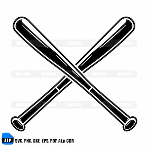 May include: A black and white graphic of two crossed baseball bats. The bats are thick with rounded ends and a handle section. The image includes the text "ZIP SVG, PNG, DXF, EPS, PDF, AI,& CDR".