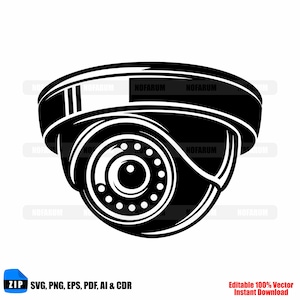 Peut inclure: Illustration en noir et blanc d'une caméra de sécurité. La caméra a une forme de dôme arrondie avec un objectif et un anneau de petits cercles autour. L'image comprend le texte "SVG, PNG, EPS, PDF, AI & CDR" et "Editable 100% Vector Instant Download."