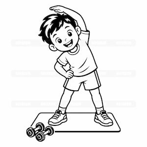 May include: A black and white line art illustration of a person with short hair wearing a t-shirt and shorts, performing a side stretch exercise on a rectangular mat. Two dumbbells are positioned on the floor in front of the mat.