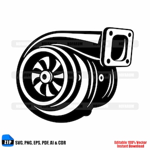 Puede incluir: Ilustración vectorial en blanco y negro de un turbocompresor. El diseño presenta una carcasa de turbina, un impulsor central y una brida rectangular. Incluye el texto "ZIP SVG, PNG, EPS, PDF, AI & CDR" y "Editable 100% Vector Instant Download".