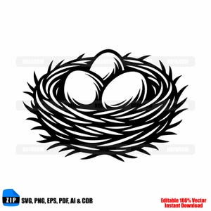 May include: A black and white illustration of a bird's nest with three eggs. The nest is made of interwoven twigs and has a spiky outer edge. The image includes text that says "SVG, PNG, EPS, PDF, AI & CDR" and "Editable 100% Vector Instant Download."