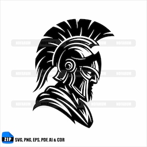 May include: Black and white illustration of a Spartan helmet in profile. The helmet features a crest, cheek guards, and a detailed design. The image includes the text "SVG, PNG, EPS, PDF, AI & CDR" and the word "ZIP".