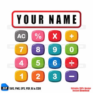 Może przedstawiać: Kolorowy projekt kalkulatora z czerwonym obramowaniem i tekstem "YOUR NAME" na górze. Zawiera przyciski z liczbami, symbolami i funkcjami w różnych kolorach. Zawiera ikony typów plików i tekst.