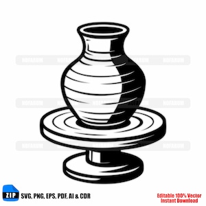 Könnte beinhalten: Schwarz-Weiß-Illustration einer Töpferscheibe mit einer Vase. Die Vase hat einen abgerundeten Körper mit horizontalen Linien. Die Töpferscheibe hat eine kreisförmige Basis und eine kleinere kreisförmige Oberseite. Der Text "ZIP SVG, PNG, EPS, PDF, AI & CDR" und "Editable 100% Vector Instant Download" ist enthalten.