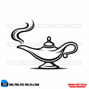 May include: Black and white illustration of a genie lamp with smoke emanating from the spout. The lamp has a curved handle and a decorative base. The image includes the text "ZIP SVG, PNG, EPS, PDF, AI & CDR" and "Editable 100% Vector Instant Download."