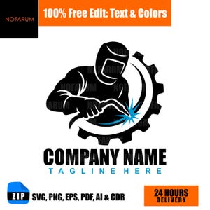 Op de afbeelding: Zwart-wit logo met een lasser in een helm, aan het lassen met een blauwe vonk, tegen een tandwiel. De tekst "COMPANY NAME" en "TAGLINE HERE" staan eronder. Extra tekst bevat "100% Free Edit: Text & Colors" en "24 HOURS DELIVERY".