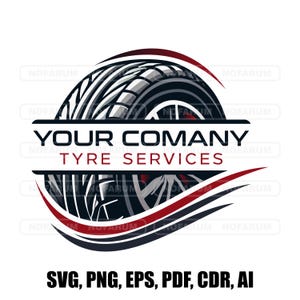 Può includere: Un logo in bianco e nero con un pneumatico al centro. Il pneumatico ha un cerchio rosso ed è circondato da un design a onde rosso e nero. Il testo "YOUR COMANY TYRE SERVICES" è scritto in lettere bianche su sfondo nero.