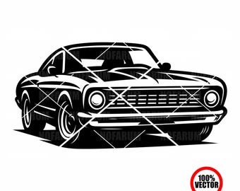 May include: Black and white vector illustration of a classic muscle car. The image features a detailed front view of the vehicle, with prominent headlights, a grille, and a sleek body design. Text at the bottom reads "SVG, PNG, EPS, PDF, AI & CDR".
