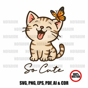 Cute Cartoon Cat SVG | Kawaii Kitten Clipart with Butterfly | Adorable Cat Digital Download | Cat Illustration for Sublimation & T-Shirts