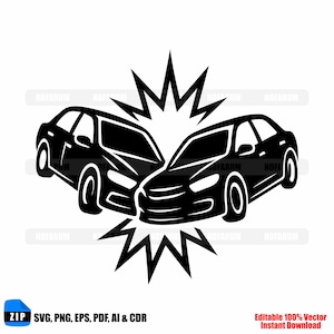 Könnte beinhalten: Schwarz-weiße Grafik von zwei kollidierenden Autos mit einem Stern-Effekt in der Mitte. Der Text "ZIP SVG, PNG, EPS, PDF, AI & CDR" und "Editable 100% Vector Instant Download" ist enthalten.