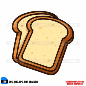 Può includere: Illustrazione a cartoni animati di due fette di pane, con un interno beige chiaro e una crosta marrone scuro. L'immagine include il testo "ZIP SVG, PNG, EPS, PDF, AI & CDR" e "Editable 100% Vector Instant Download".