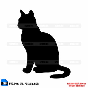 Op de afbeelding: Een zwart silhouet van een kat in zittende positie, naar links gericht. De kat heeft puntige oren en een gebogen staart. De afbeelding bevat tekst: "ZIP SVG, PNG, EPS, PDF, AI & CDR" en "Editable 100% Vector Instant Download."