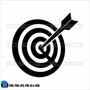 May include: A black and white graphic of a target with an arrow hitting the center. The target has concentric circles. The arrow is angled, piercing the bullseye. The image includes the text "ZIP SVG, PNG, EPS, PDF, AI & CDR".