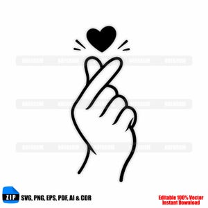May include: A black and white graphic of a hand making a heart shape with the fingers. A black heart is above the hand. The image includes the text "SVG, PNG, EPS, PDF, AI & CDR" and "Editable 100% Vector Instant Download".