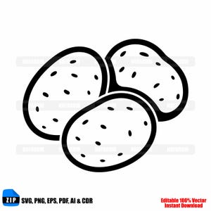 May include: A black and white vector illustration of three potatoes. Each potato has a dark outline and small, oval-shaped dots. The image includes text indicating file formats: SVG, PNG, EPS, PDF, AI & CDR, and "Editable 100% Vector Instant Download."
