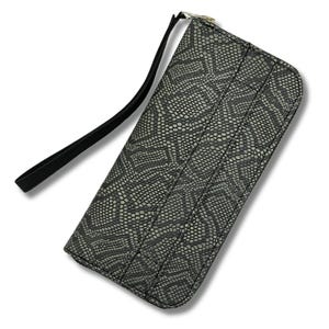 Cartera de mano para mujer - Piel de vacuno auténtica con textura de serpiente y cremallera - Bolso de noche gris y negro - Cartera de piel con correa
