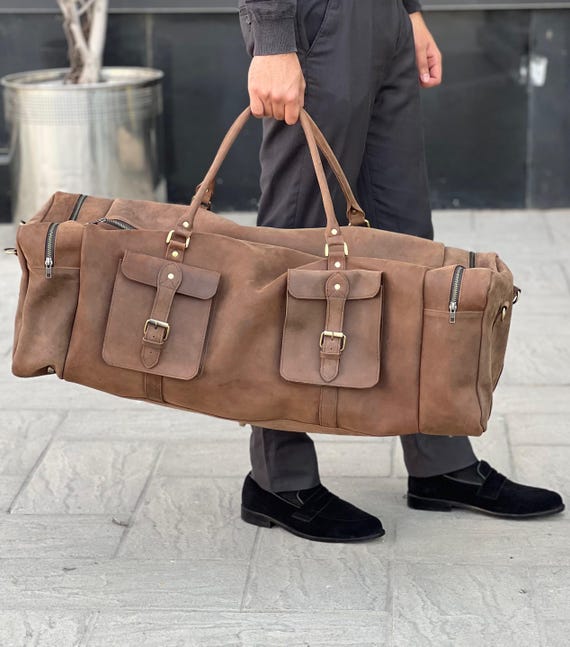 Vintage Cowhide Leather Duffel Bag: 30" Retro Travel Weekender