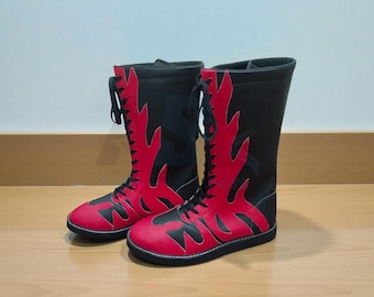 Handmade Red Black Flame Wrestling Boots | Custom Pro Lace up Wrestling Shoes | Gifts |  Red Black flame design | Cosplay Pro wring Footwear