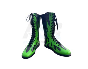 Custom Green Flame Wrestling Boots | Handmade Leather Lace-Up Pro Ring Shoes | Men's & Women's Combat Wrestling Gear | WWE Style Boots