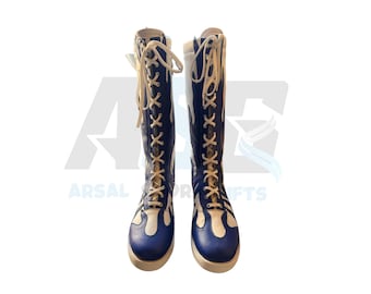 Stivali da wrestling da uomo / Stivali da wrestling da uomo e da donna personalizzati, bianchi e blu / Stivali con lacci / Pelle originale al 100% / Stivali da wrestling professionistico, regalo
