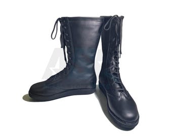 Botas altas hasta la rodilla de cuero negro hechas a mano con cordones / Botas largas personalizadas para hombres y mujeres / Zapatos largos de lucha libre profesional / Regalo / Zapatos de lucha libre