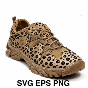 May include: A tan and brown hiking shoe with a leopard print pattern. The shoe has a rugged sole, a lace-up closure, and a padded collar. The text "SVG EPS PNG" is at the bottom of the image.